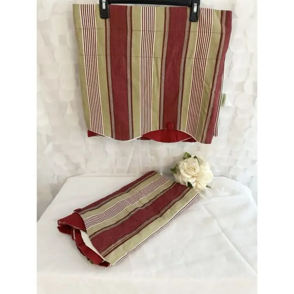 Waverly Yacht Club Crimson Red Tan Stripe Button Scallop Valances (2) 17 X 75 In